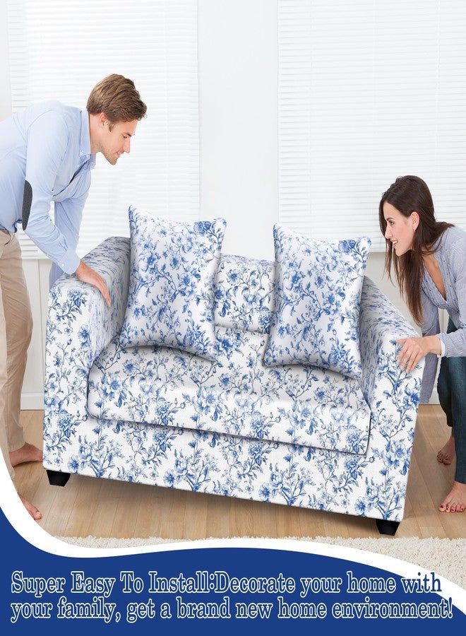 Gilprop Chinoiserie Printed Sofa Cover Stretch Couch Cover with Throw Pillow Case Blue White Floral Sofa Slipcover for Living Room Decoration(2 Seat) - Image 5
